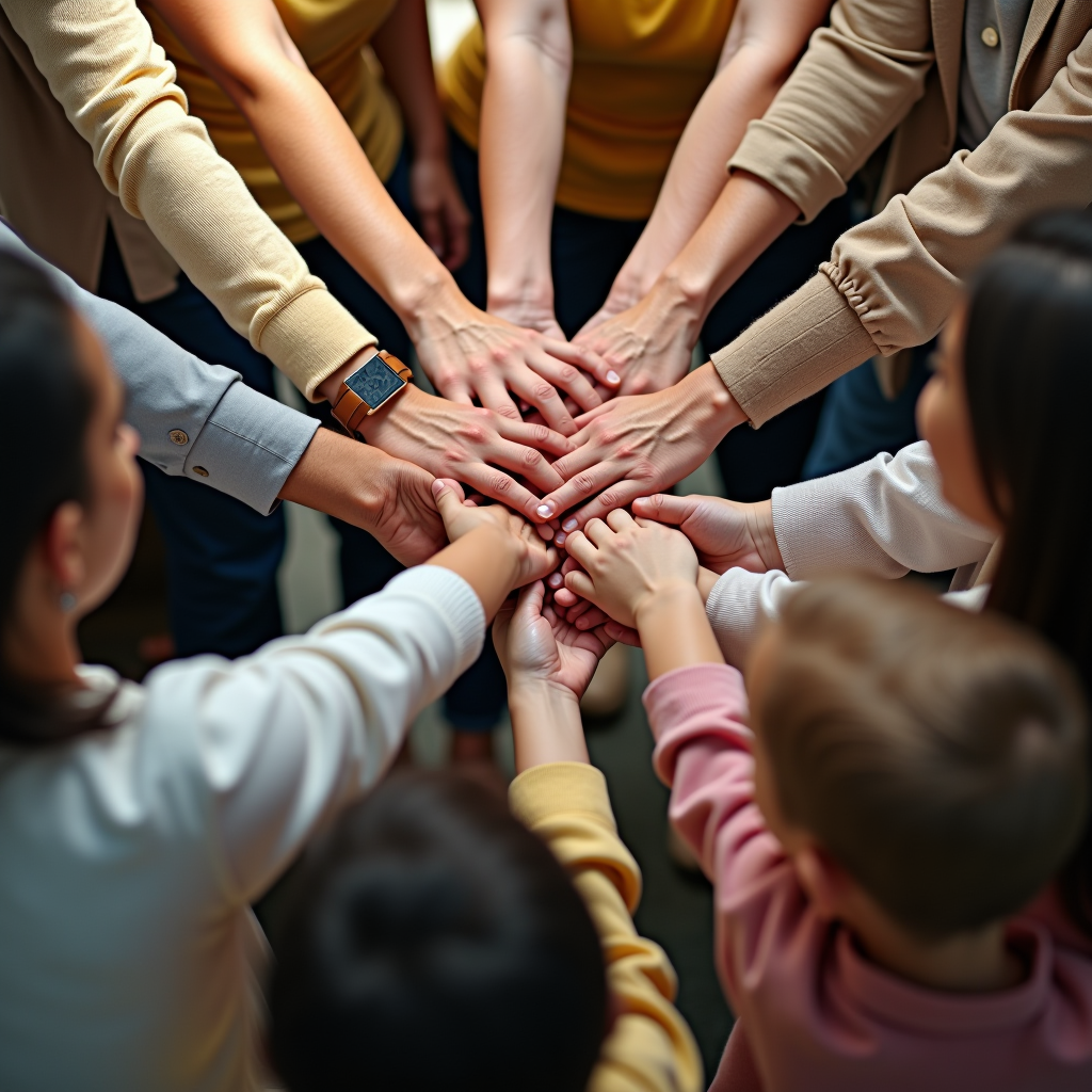 Diverse group of people holding hands in a circle, symbolizing community support and unity in health and social services, with warm natural lighting and compassionate expressions