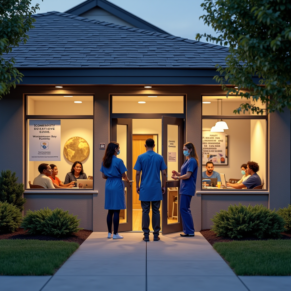 Welcoming community health center exterior with accessible entrance, showing diverse staff members greeting patients at the door. The building features warm lighting, comfortable seating visible through windows, and clear signage indicating mental health services. The scene conveys safety, accessibility, and professional care in an inviting neighborhood setting.