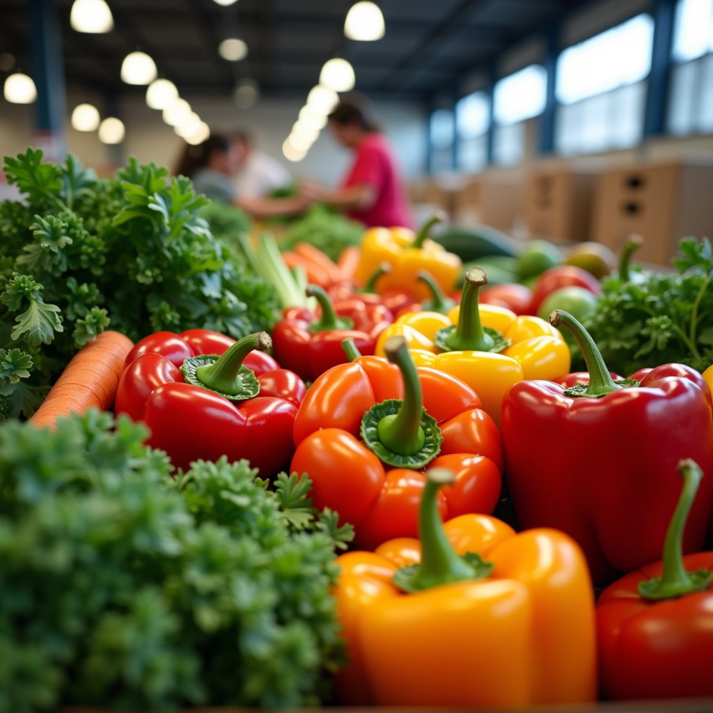 Vibrant display of fresh fruits and vegetables including leafy greens, colorful bell peppers, tomatoes, carrots, and seasonal produce arranged at a community food distribution center, with volunteers in the background organizing food boxes for families in need