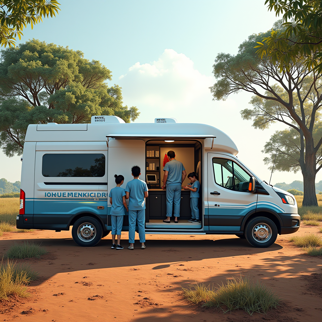Modern mobile health clinic van parked in a rural community setting with healthcare workers providing medical services to local residents, equipped with medical equipment visible through open doors, surrounded by families waiting for care in a welcoming outdoor environment