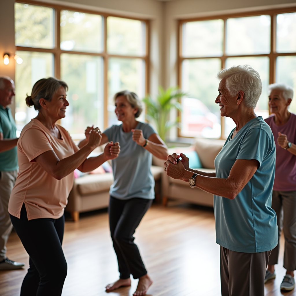 Group of diverse senior adults participating in a wellness activity in a bright, welcoming community center. Seniors are engaged in gentle exercise movements, smiling and interacting with each other. The scene shows an instructor leading the group, with participants using light hand weights or resistance bands. Natural lighting streams through large windows, and the space features comfortable flooring and supportive equipment. The atmosphere is positive, inclusive, and energetic, demonstrating active aging and community engagement.