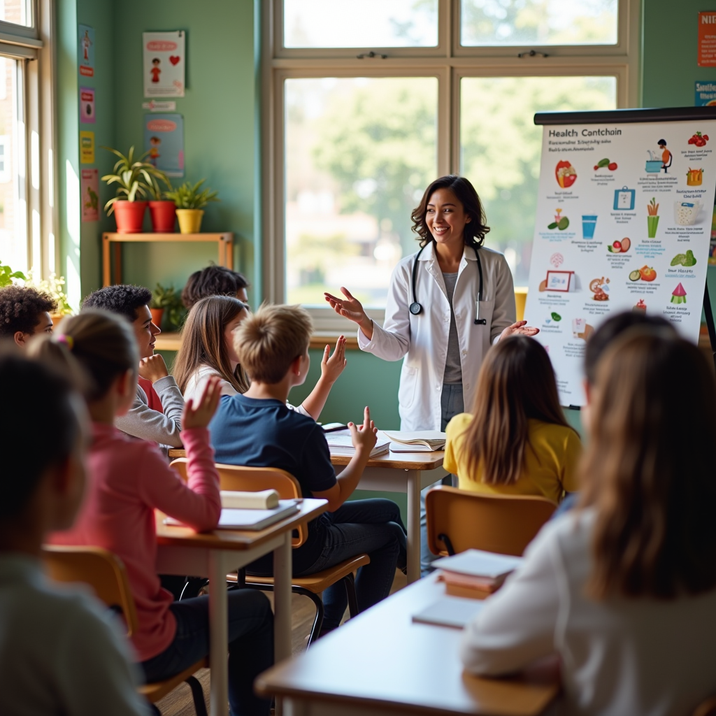 Diverse group of adolescents aged 12-16 sitting in a bright, welcoming classroom setting participating in an interactive health education workshop. A friendly health educator stands at the front using visual aids and charts. Students are engaged, some raising hands, others taking notes. The room has colorful educational posters about hygiene, nutrition, and wellness on the walls. Natural lighting streams through windows, creating a warm, supportive learning environment.