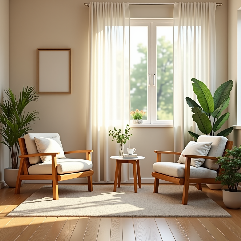A serene counseling room with comfortable seating, soft natural lighting, warm neutral tones, plants, and a calming atmosphere designed for mental health support sessions