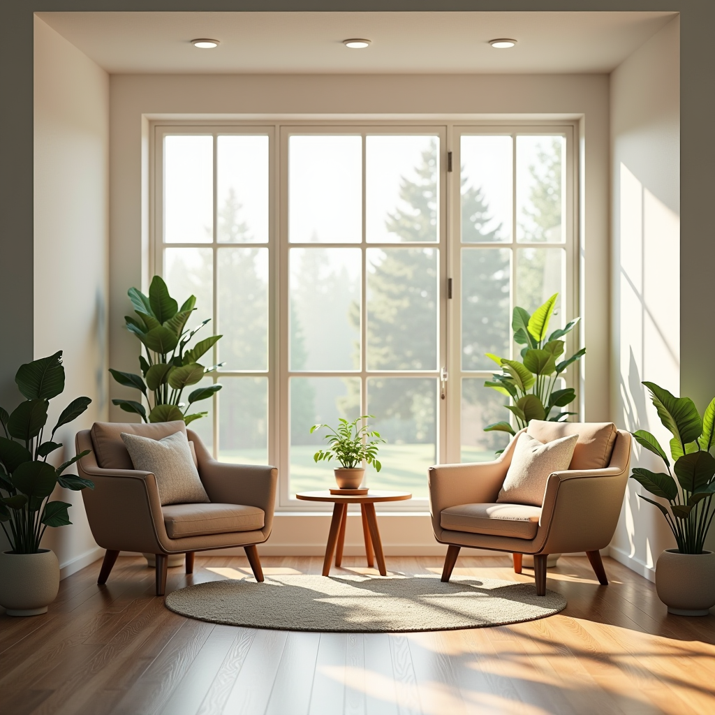 A serene and welcoming counseling room with comfortable seating, soft natural lighting streaming through large windows, calming neutral tones on the walls, indoor plants creating a peaceful atmosphere, and professional yet warm decor that promotes feelings of safety and trust for mental health support sessions