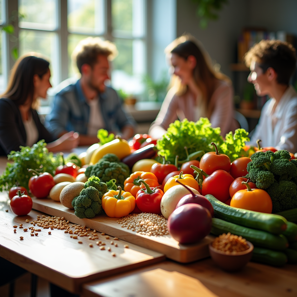 Vibrant display of fresh, colorful vegetables, fruits, whole grains, and healthy ingredients arranged on a wooden table in a bright, welcoming community workshop setting with people engaged in learning about nutrition