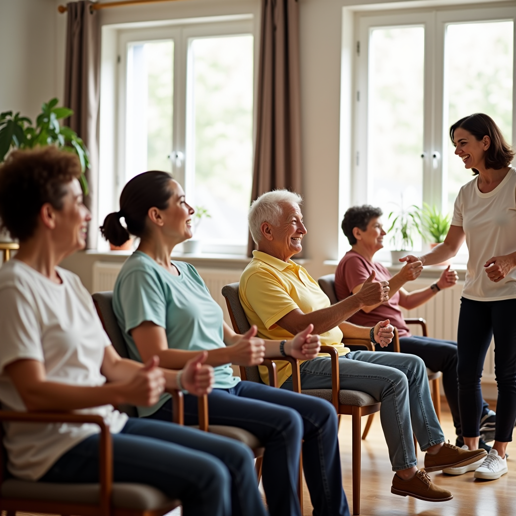 Group of diverse seniors participating in gentle chair exercises in a bright, welcoming community center with a friendly instructor demonstrating movements, everyone smiling and engaged in the activity