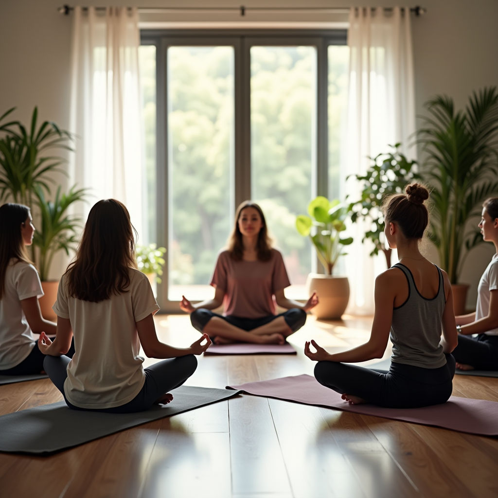 Peaceful meditation workshop setting with diverse participants sitting in a serene circle on yoga mats in a bright, naturally lit community room with plants, soft lighting, and calming decor creating a tranquil atmosphere for mindfulness practice