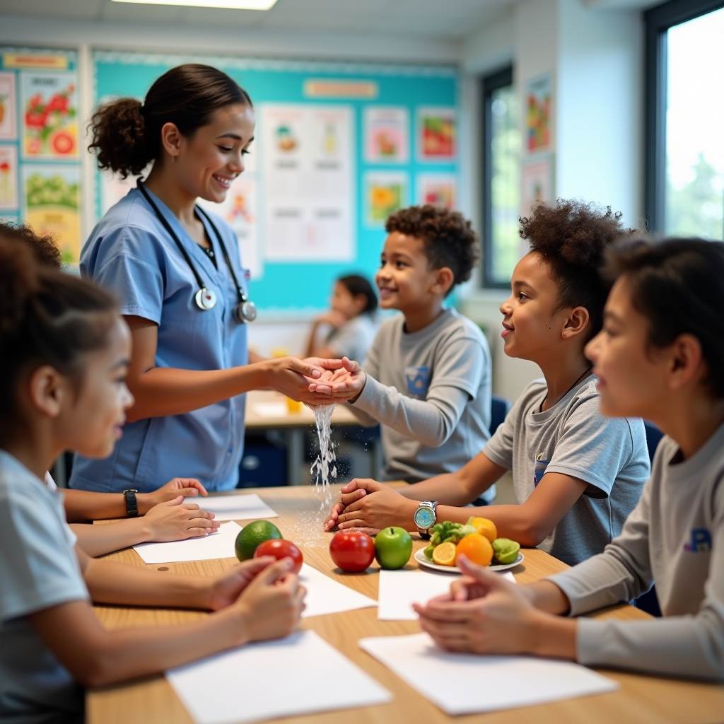 Diverse group of children and adolescents participating in an interactive health education workshop in a bright, modern classroom setting with educational posters about nutrition, hygiene, and wellness on the walls. Students are engaged in hands-on activities with a health educator demonstrating proper handwashing techniques while others examine healthy food models and participate in physical activity demonstrations