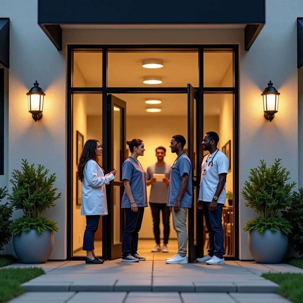 Welcoming community health center exterior with accessible entrance, showing diverse staff members greeting visitors at the door, warm lighting, and supportive atmosphere representing mental health services and community care