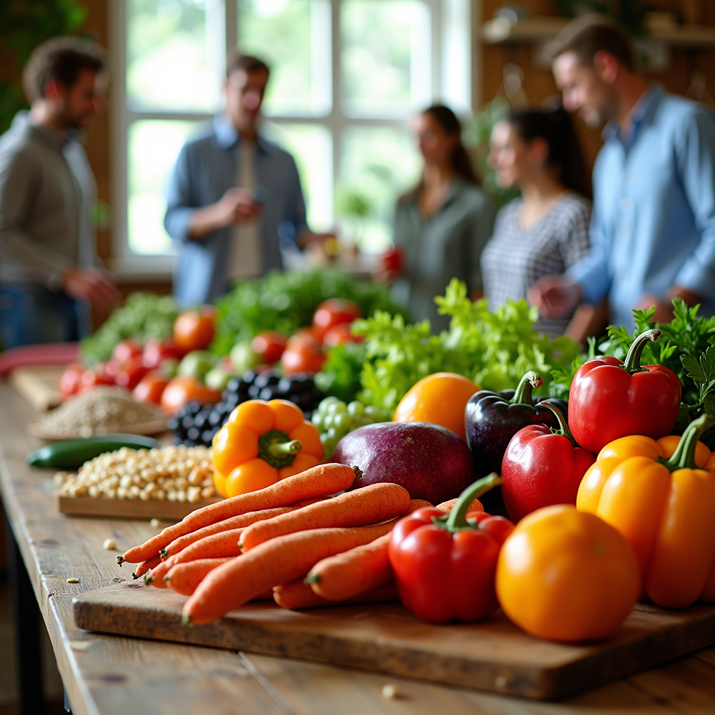 A vibrant display of fresh colorful vegetables, fruits, whole grains, and healthy ingredients arranged on a wooden table in a bright community workshop setting with people learning about nutrition