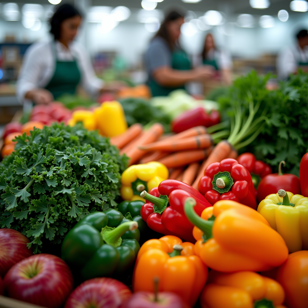 Vibrant display of fresh fruits and vegetables including colorful peppers, leafy greens, apples, and carrots arranged at a community food distribution center, with volunteers in the background organizing food assistance programs