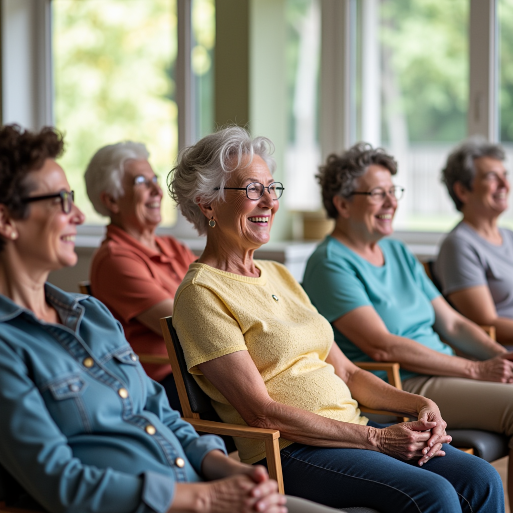 A group of smiling senior adults participating in gentle chair exercises in a bright, welcoming community center with supportive instructors, showing active aging and social engagement