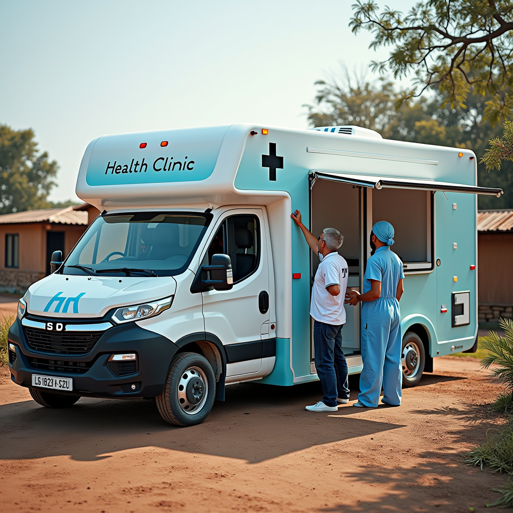 Modern mobile health clinic van parked in a rural community setting, with medical staff providing preventive care services, health screenings, and vaccinations to local residents, showing accessible healthcare delivery in underserved areas