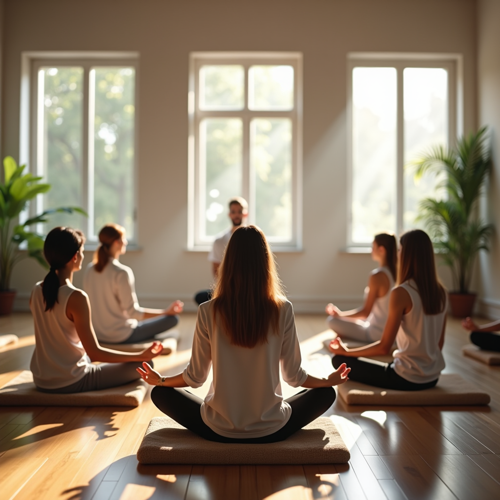 A tranquil meditation space with people sitting peacefully on cushions in a circle, soft natural light filtering through windows, plants, and a calm instructor leading mindfulness practice