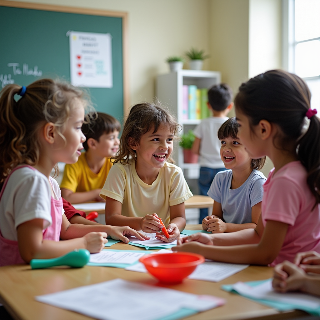 Diverse group of children and adolescents engaged in an interactive health education session, participating in physical activities, learning about nutrition with colorful educational materials in a bright classroom setting